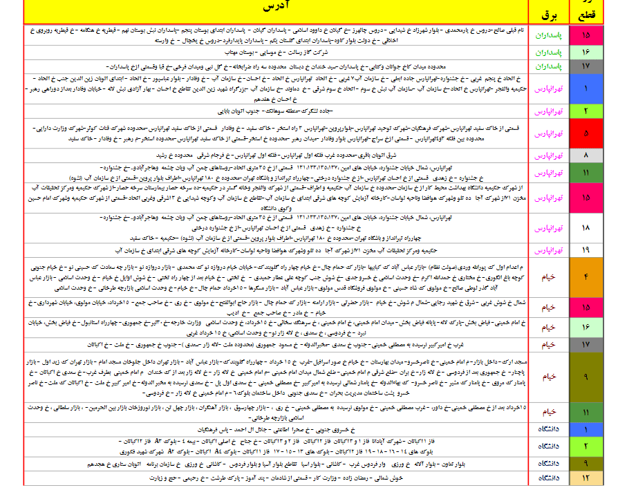 برنامه قطعی برق تهران ۱۶ تیر۱۴۰۰ + ساعات قطع، لیست مناطق و دانلود جدول قطعی برق